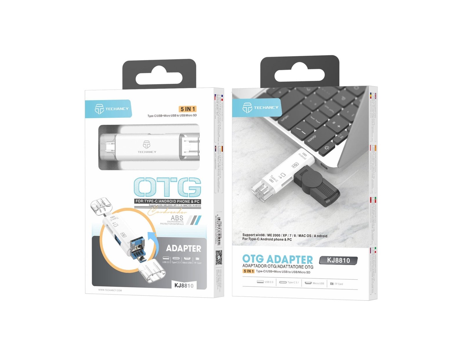 Adaptador OTG Techancy 5 em 1 com leitor de armazenamento compatível com telemóveis e computadores, KJ8810, branco