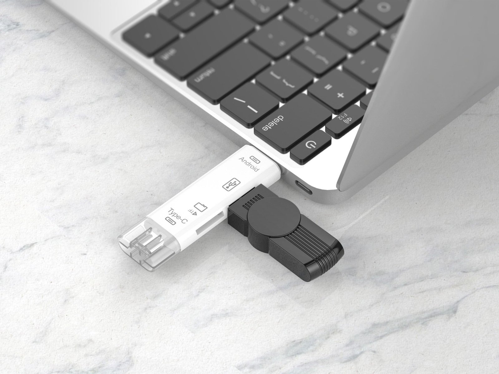 Adaptador OTG Techancy 5 em 1 com leitor de armazenamento compatível com telemóveis e computadores, KJ8810, branco